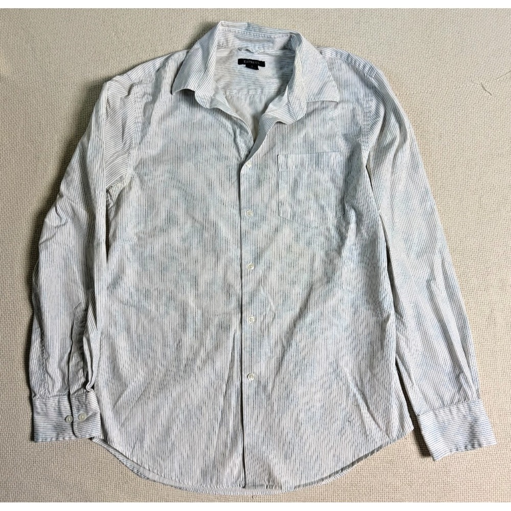 Express Women's White Blue Pinstripe Button Down Shirt Long Sleeve Size S